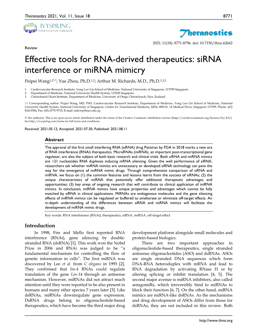 Sirna Interference Or Mirna Mimicry Peipei Wang1,2; Yue Zhou, Ph.D.1,2; Arthur M