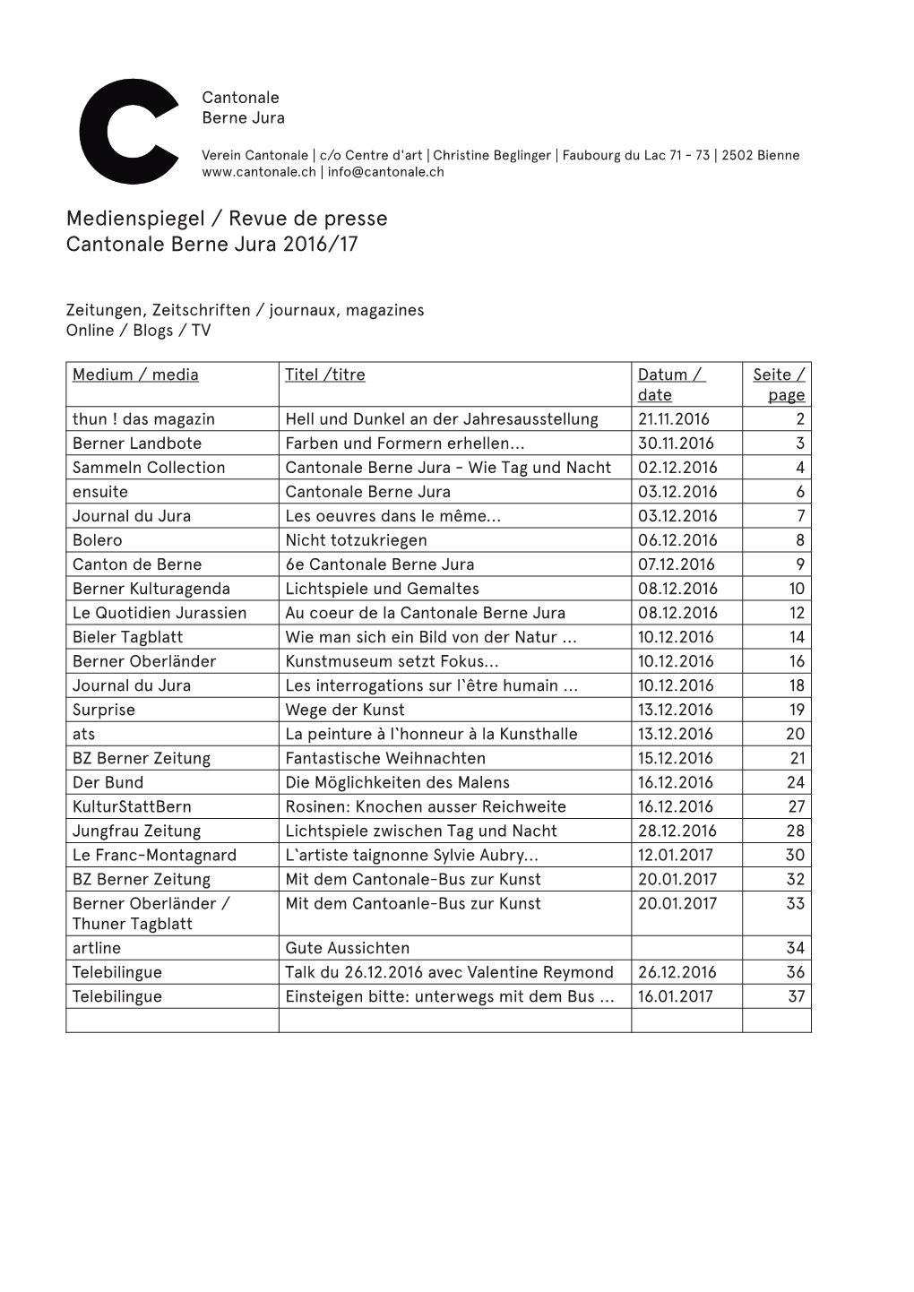 Medienspiegel / Revue De Presse Cantonale Berne Jura 2016/17