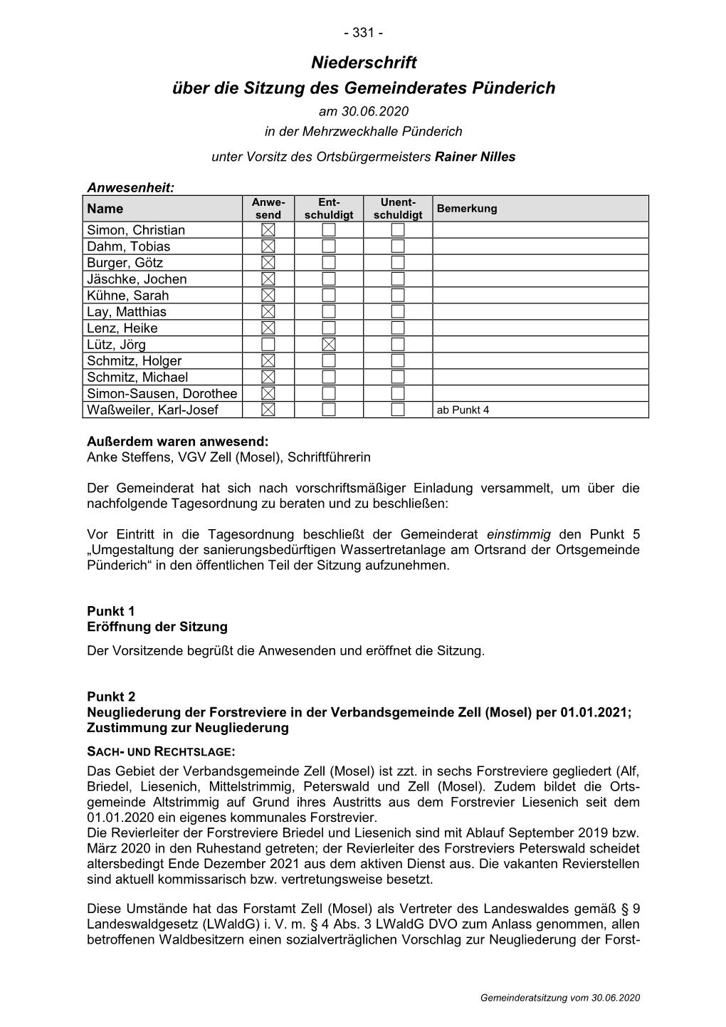 Niederschrift Über Die Sitzung Des Gemeinderates Pünderich Am 30.06.2020 in Der Mehrzweckhalle Pünderich