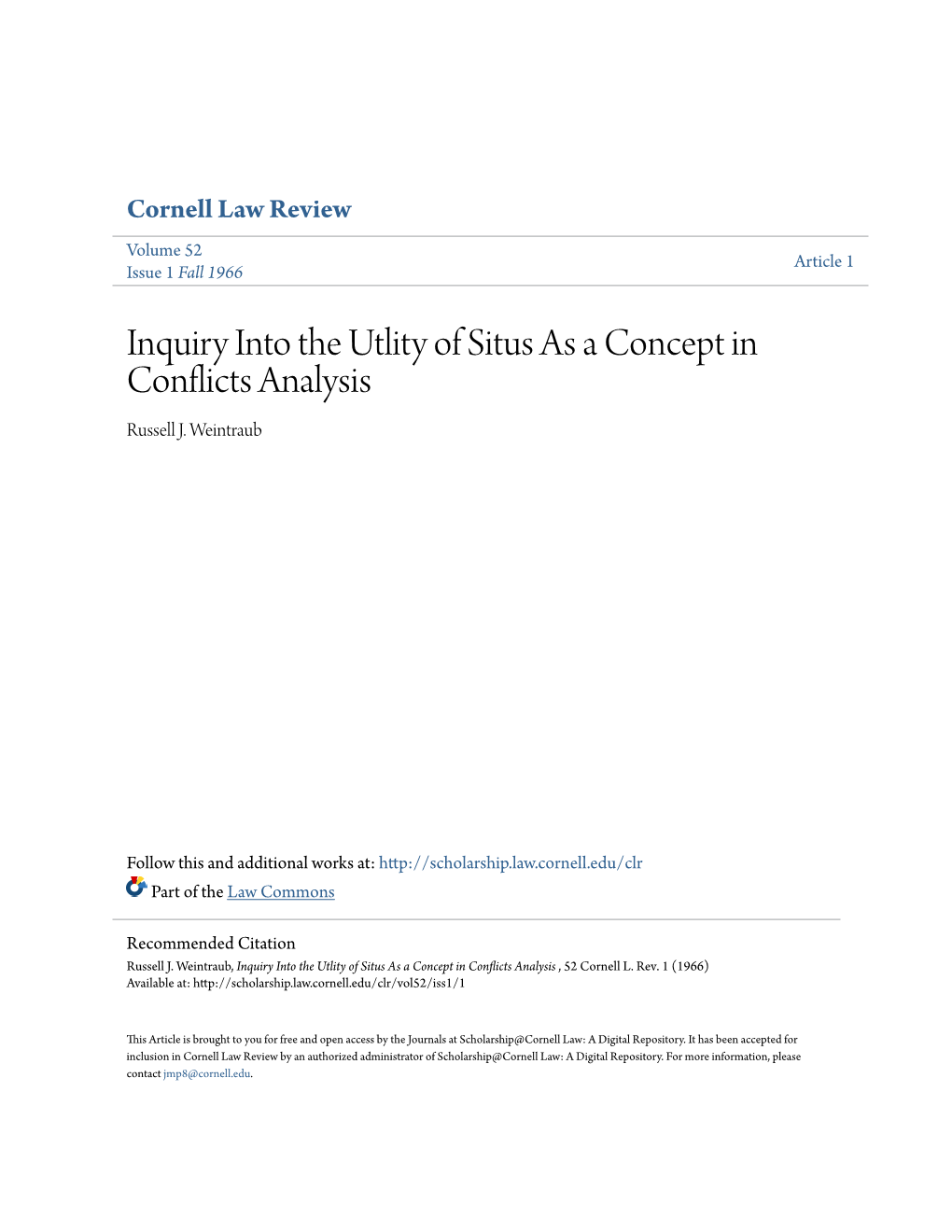 Inquiry Into the Utlity of Situs As a Concept in Conflicts Analysis Russell J