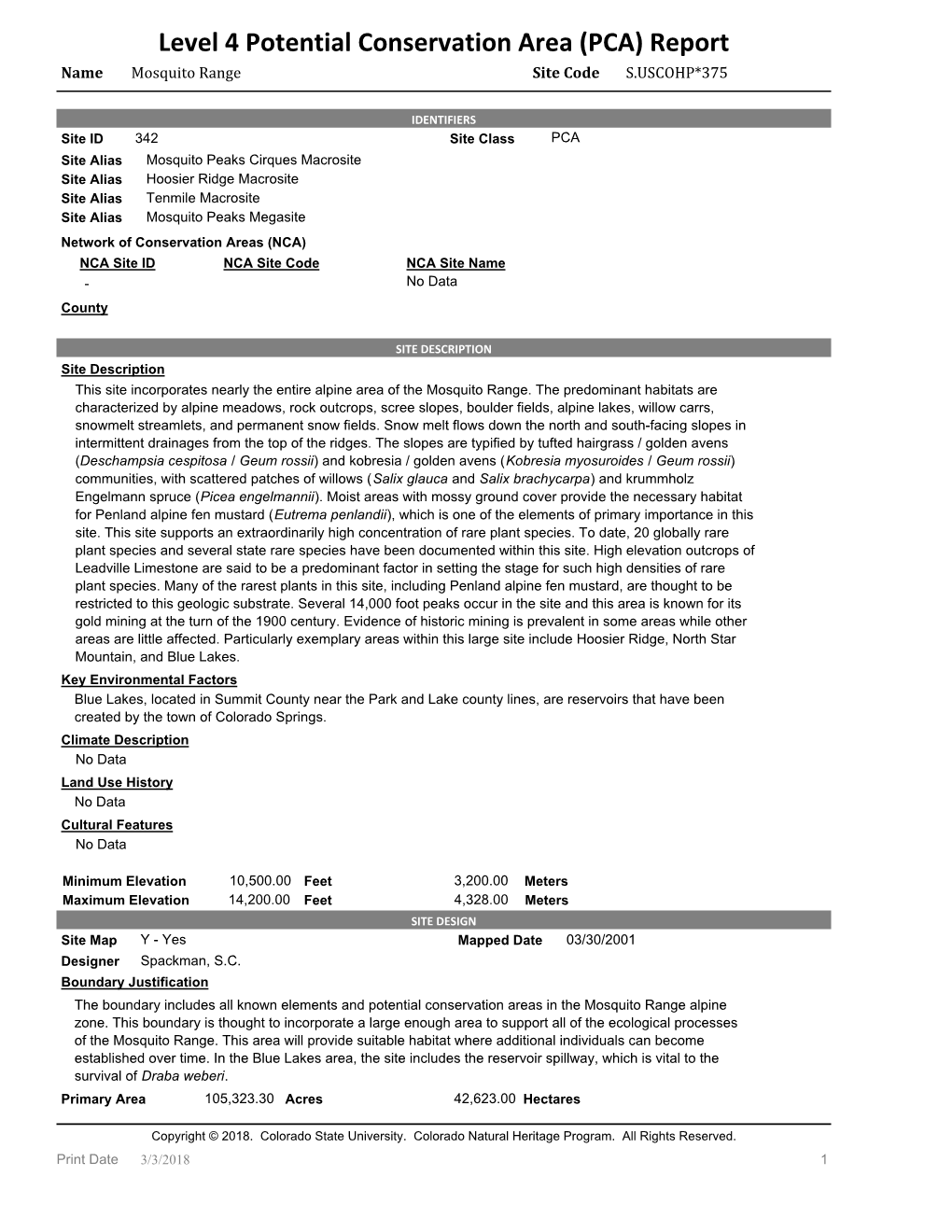 PCA) Report Name Mosquito Range Site Code S.USCOHP*375