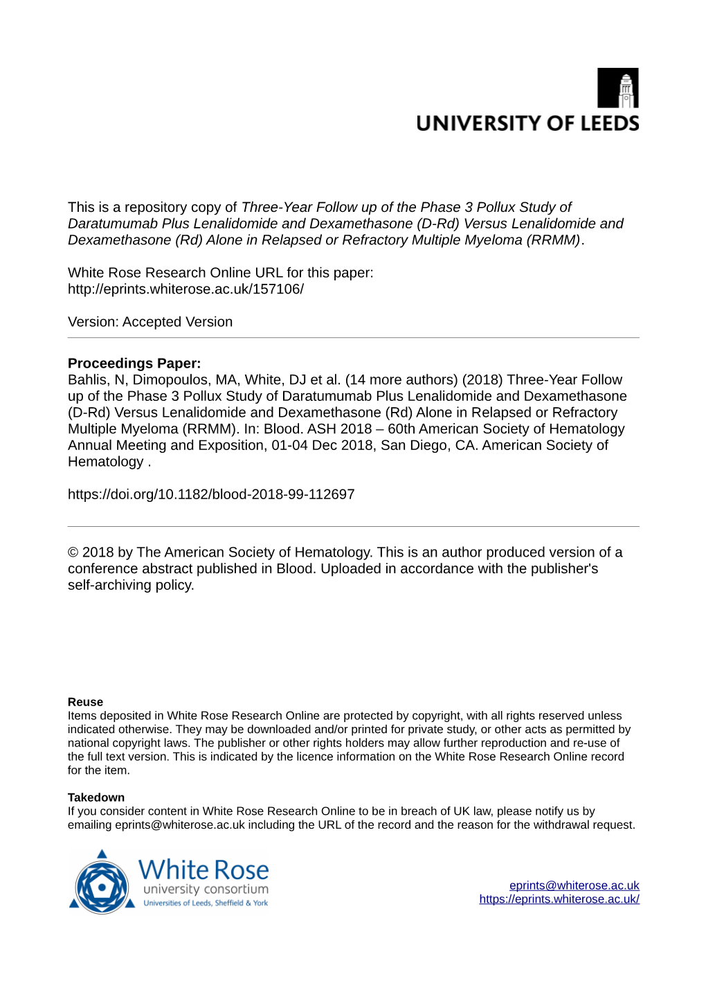 Three-Year Follow up of the Phase 3 Pollux Study of Daratumumab Plus