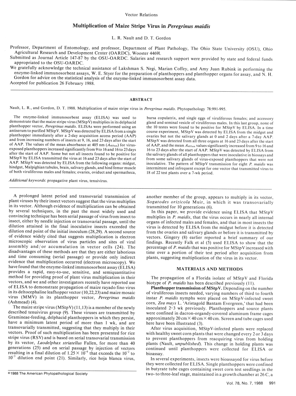 Multiplication of Maize Stripe Virus in Peregrinus Maidis