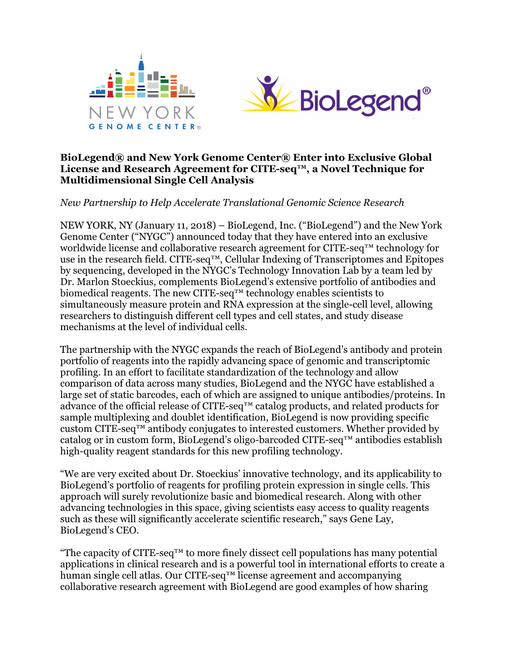 Biolegend® and New York Genome Center® Enter Into Exclusive Global