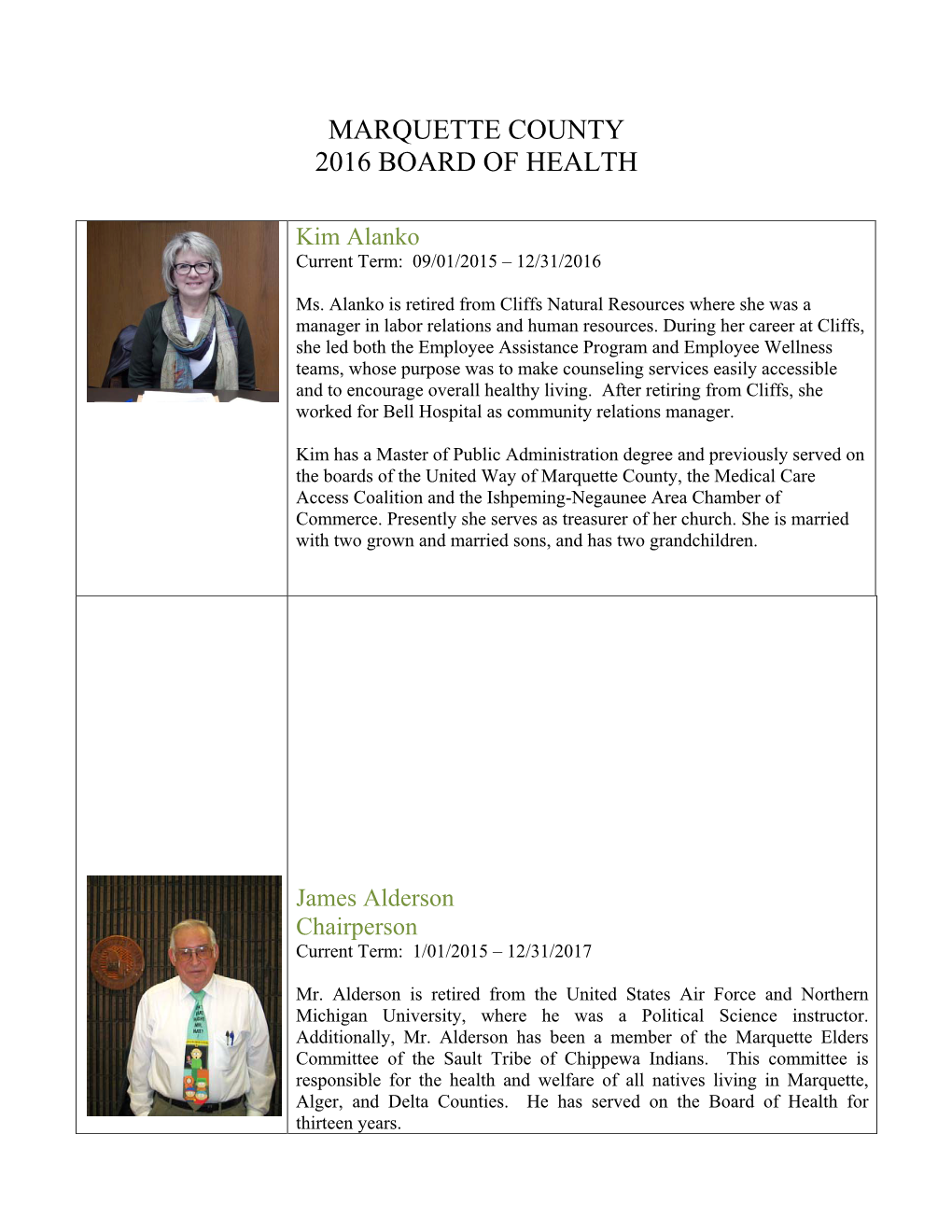 Marquette County 2016 Board of Health
