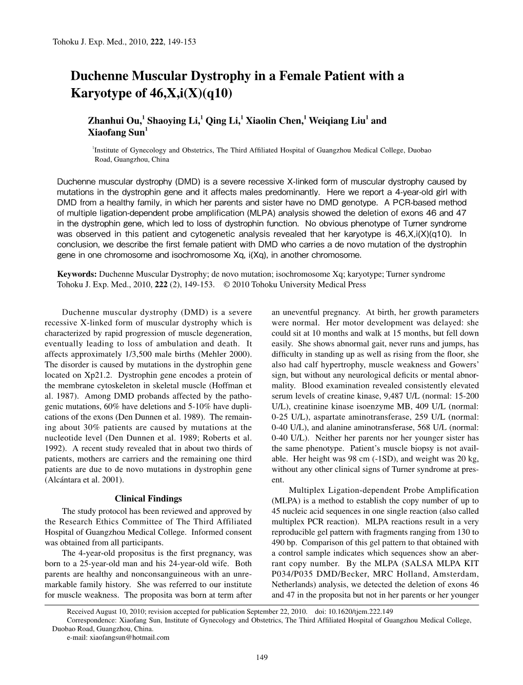 Duchenne Muscular Dystrophy in a Female Patient with a Karyotype of 46,X,I(X)(Q10)