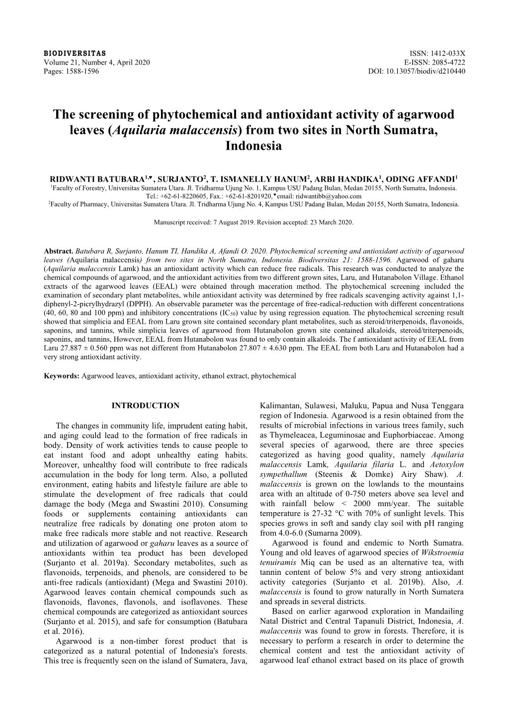 The Screening of Phytochemical and Antioxidant Activity of Agarwood Leaves (Aquilaria Malaccensis) from Two Sites in North Sumatra, Indonesia