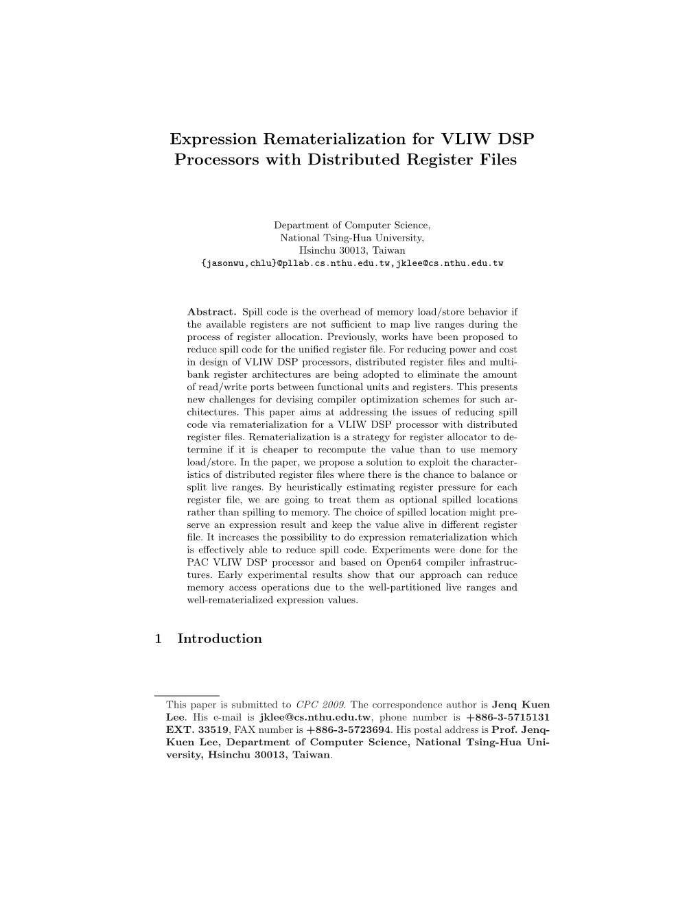 Expression Rematerialization for VLIW DSP Processors with Distributed Register Files ?