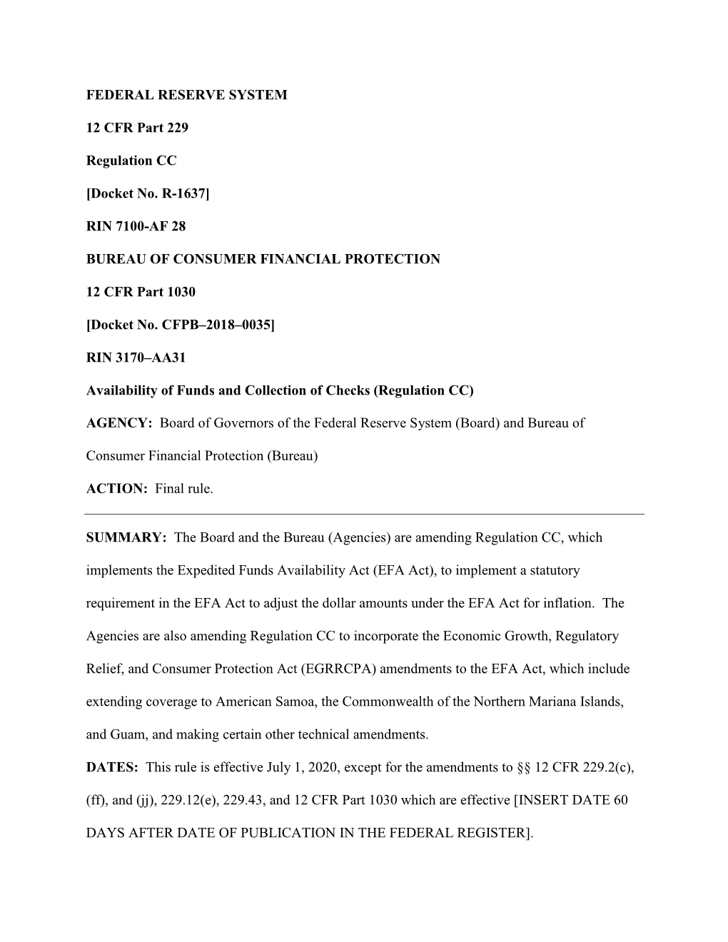 FEDERAL RESERVE SYSTEM 12 CFR Part 229 Regulation CC