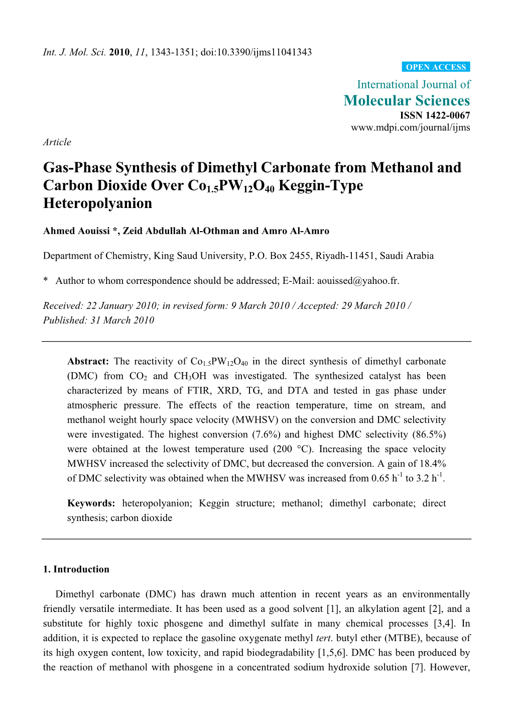 Gas-Phase Synthesis of Dimethyl Carbonate from Methanol and Carbon Dioxide Over Co1.5PW12O40 Keggin-Type Heteropolyanion