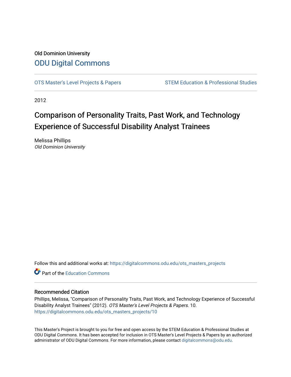 Comparison of Personality Traits, Past Work, and Technology Experience of Successful Disability Analyst Trainees