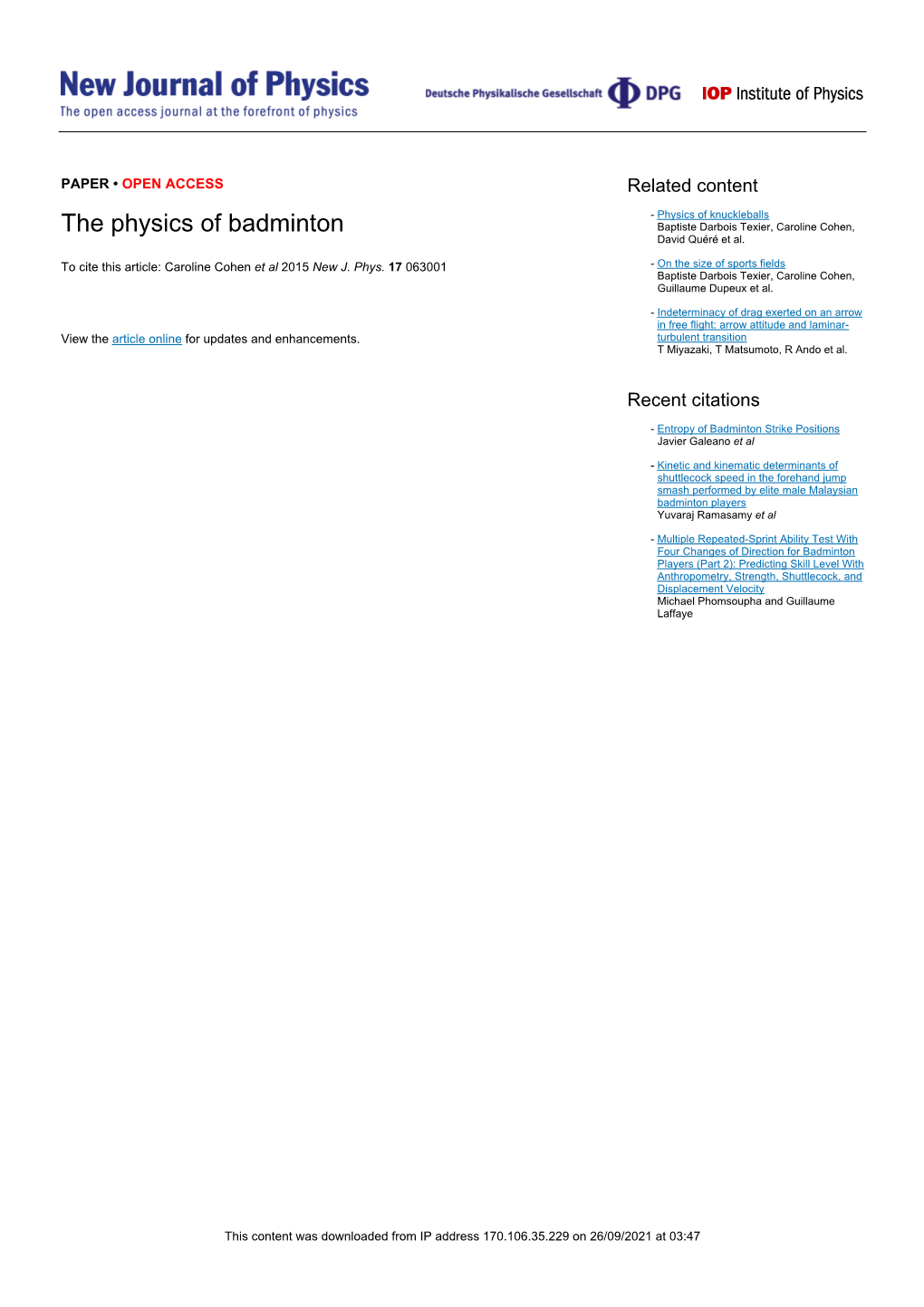 PDF, the Physics of Badminton