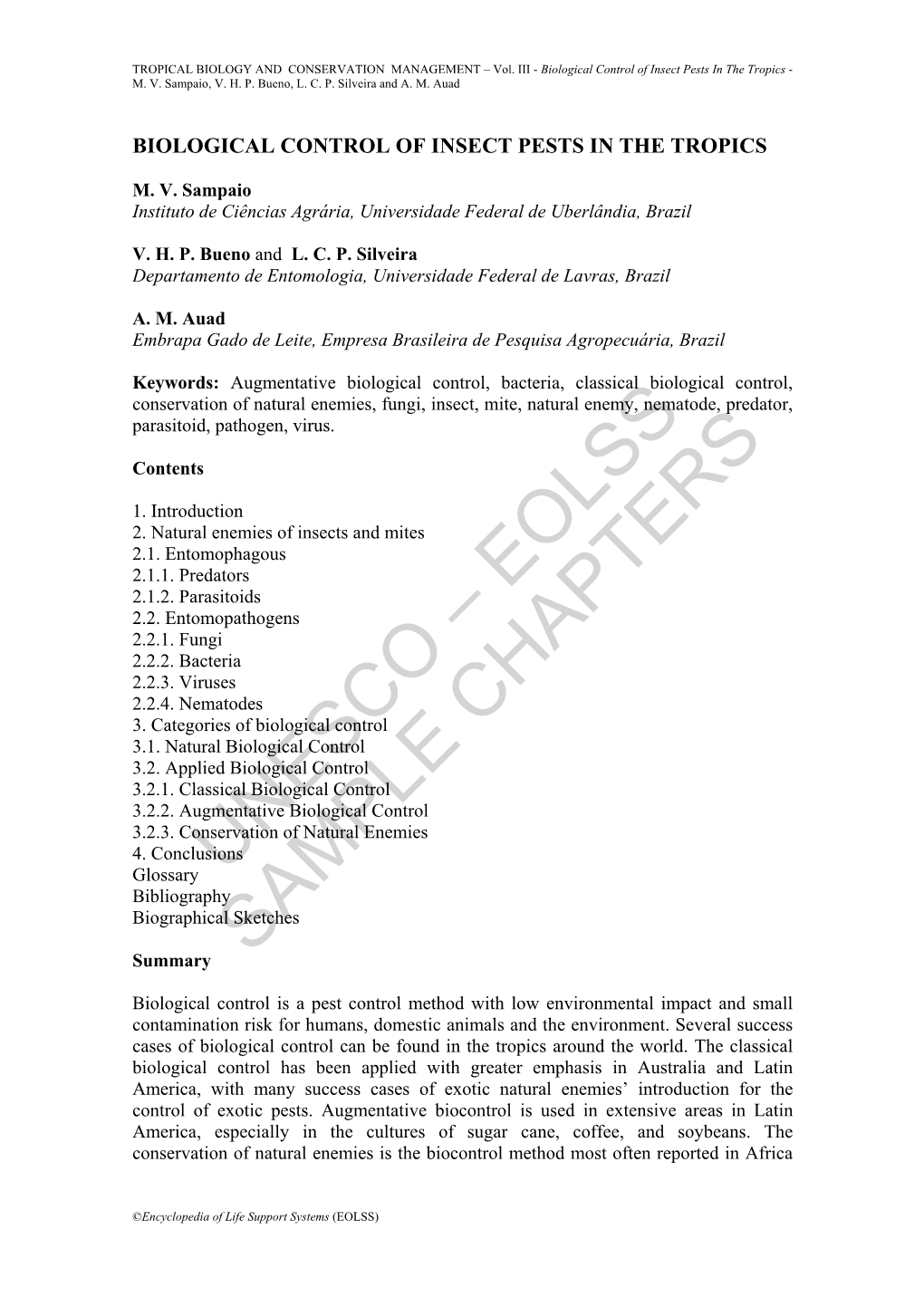 Biological Control of Insect Pests in the Tropics - M