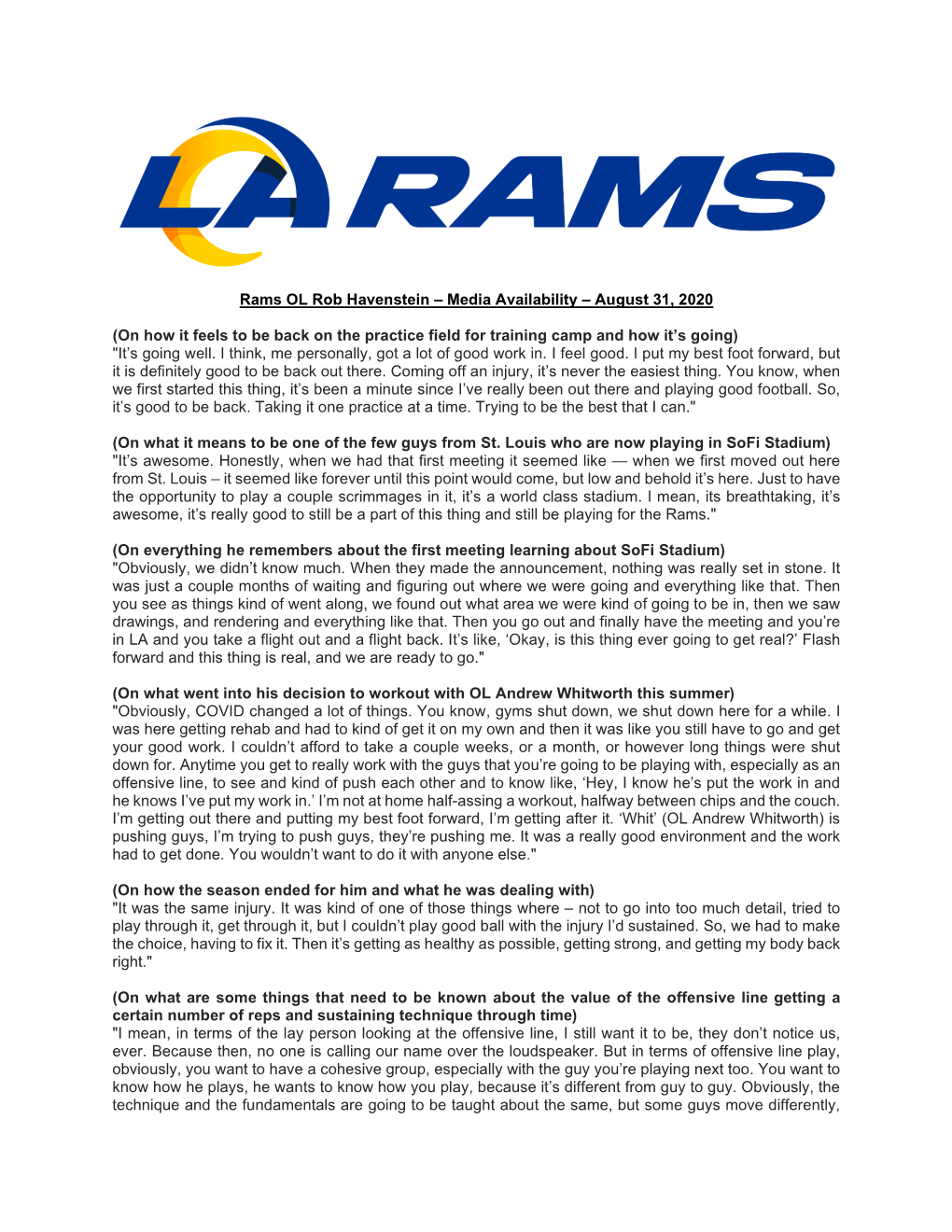 Rams OL Rob Havenstein – Media Availability – August 31, 2020