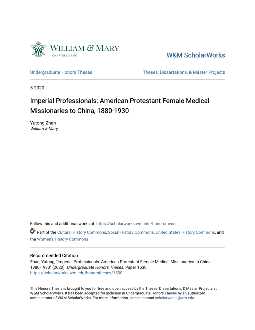 American Protestant Female Medical Missionaries to China, 1880-1930