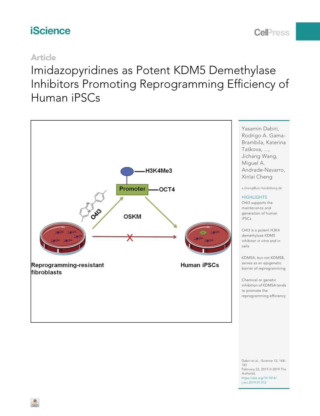 Imidazopyridines As Potent KDM5 Demethylase Inhibitors Promoting Reprogramming Efficiency of Human Ipscs