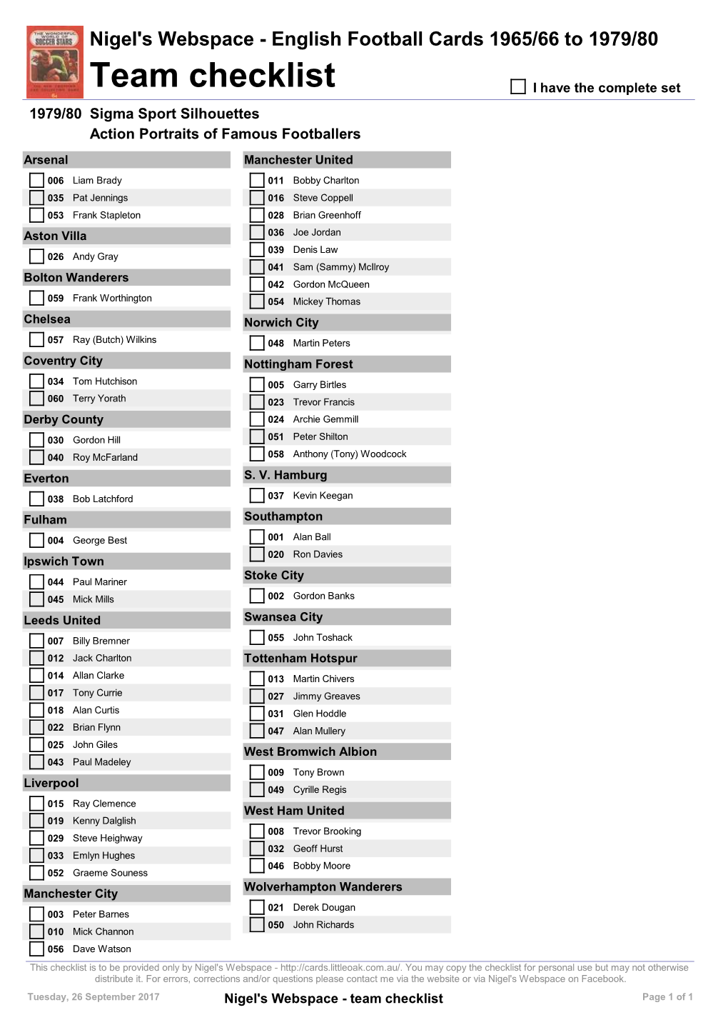 Team Checklist I Have the Complete Set 1979/80 Sigma Sport Silhouettes Action Portraits of Famous Footballers