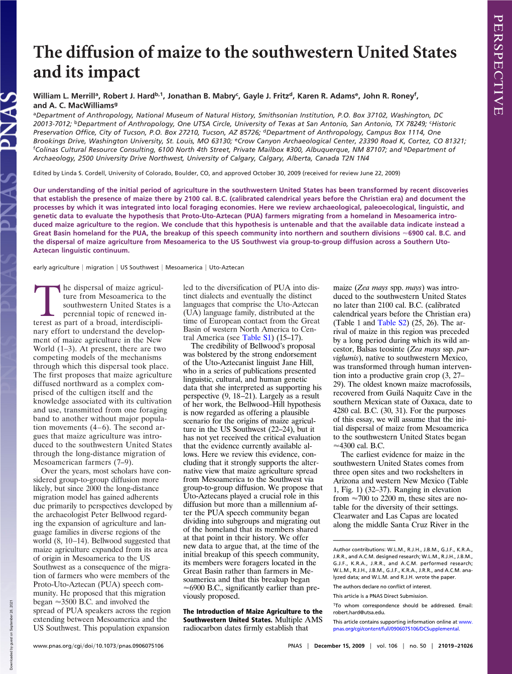 The Diffusion of Maize to the Southwestern United States and Its Impact