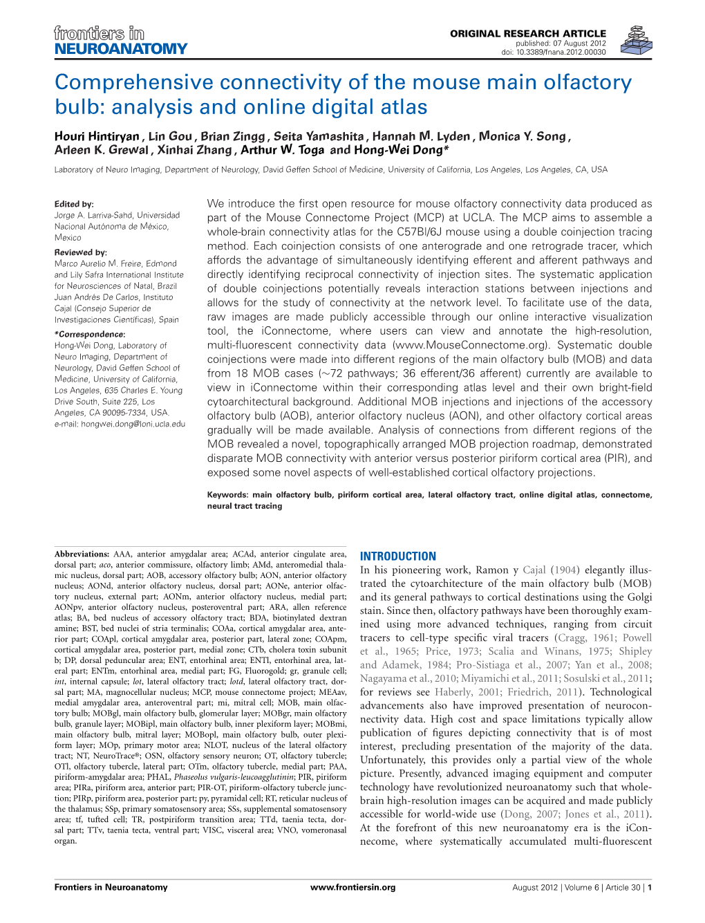 Comprehensive Connectivity of the Mouse Main Olfactory Bulb: Analysis and Online Digital Atlas