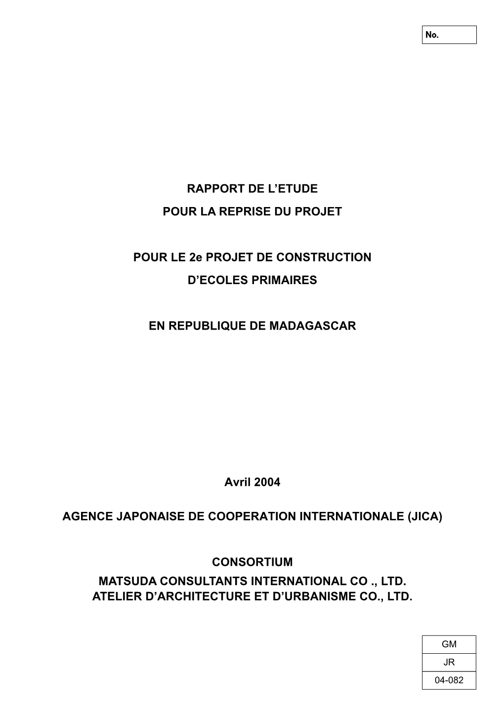 Rapport De L'etude Pour La Reprise Du Projet Pour Le