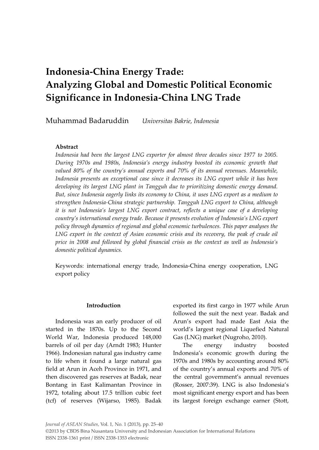 Indonesia-China Energy Trade: Analyzing Global and Domestic Political Economic Significance in Indonesia-China LNG Trade