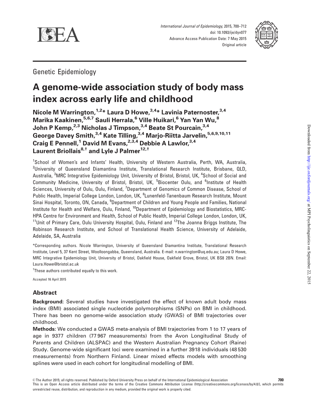 A Genome-Wide Association Study of Body Mass Index