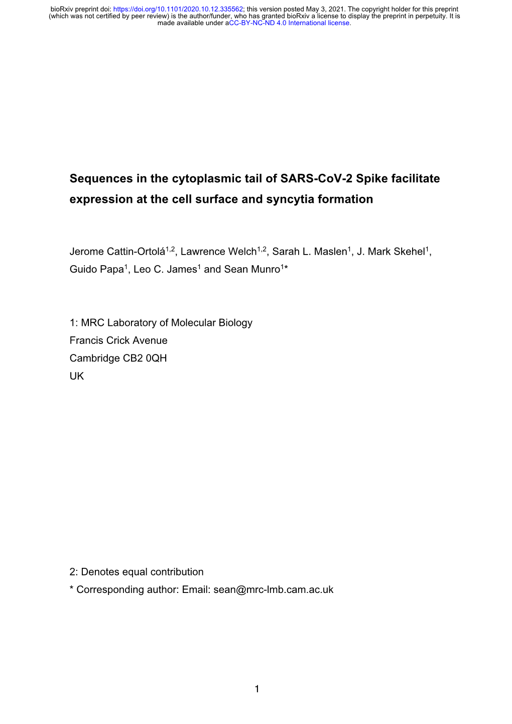 Sequences in the Cytoplasmic Tail of SARS-Cov-2 Spike Facilitate Expression at the Cell Surface and Syncytia Formation