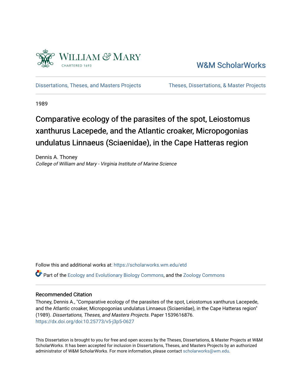 Comparative Ecology of the Parasites of the Spot, Leiostomus Xanthurus