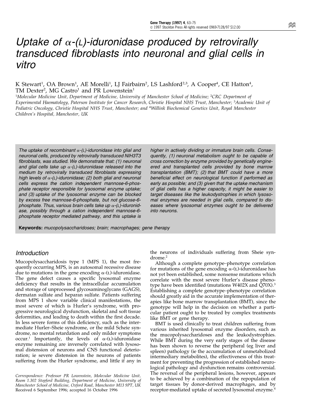 Uptake of -(L)-Iduronidase Produced by Retrovirally Transduced