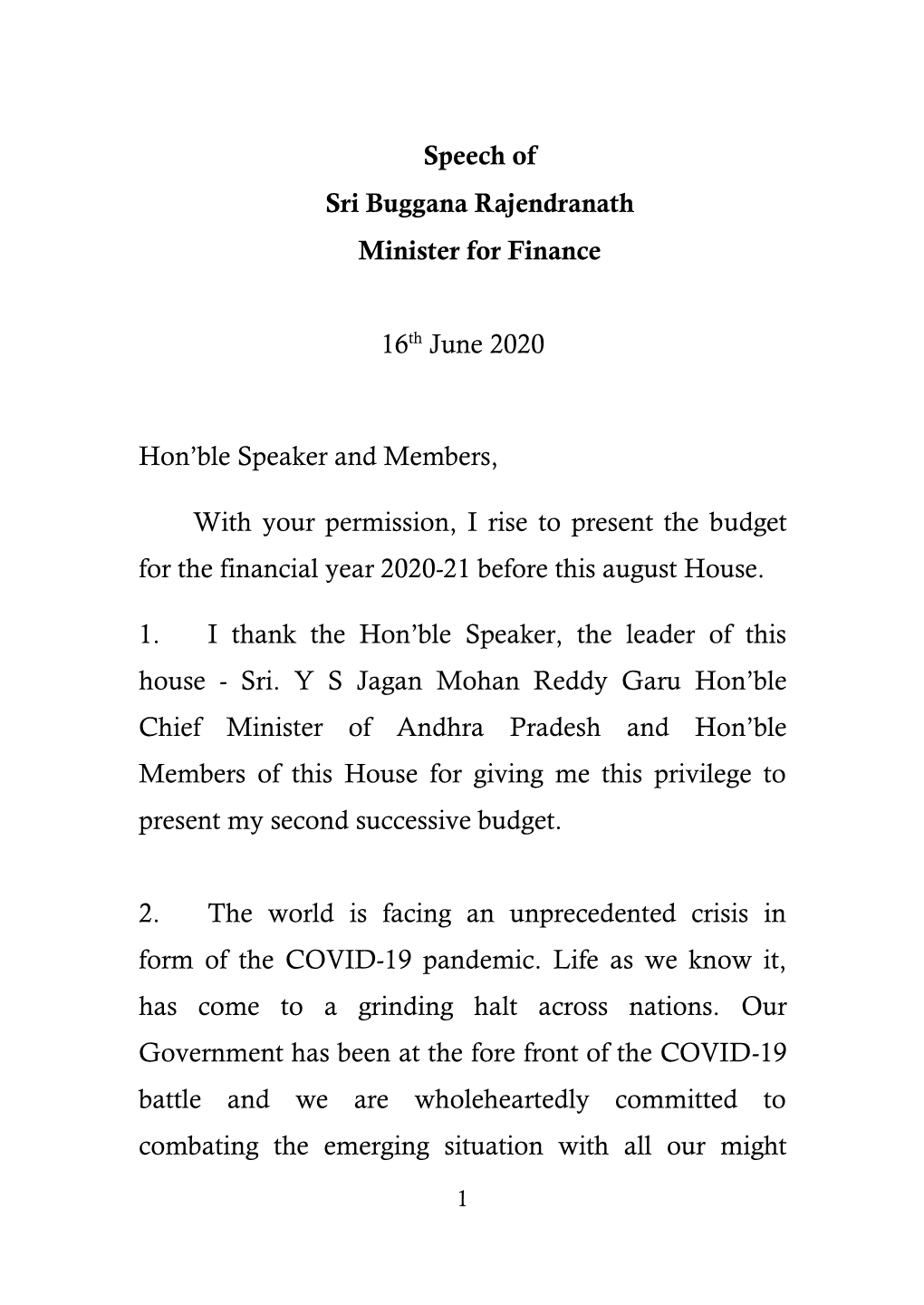 Speech of Sri Buggana Rajendranath Minister for Finance 16Th June