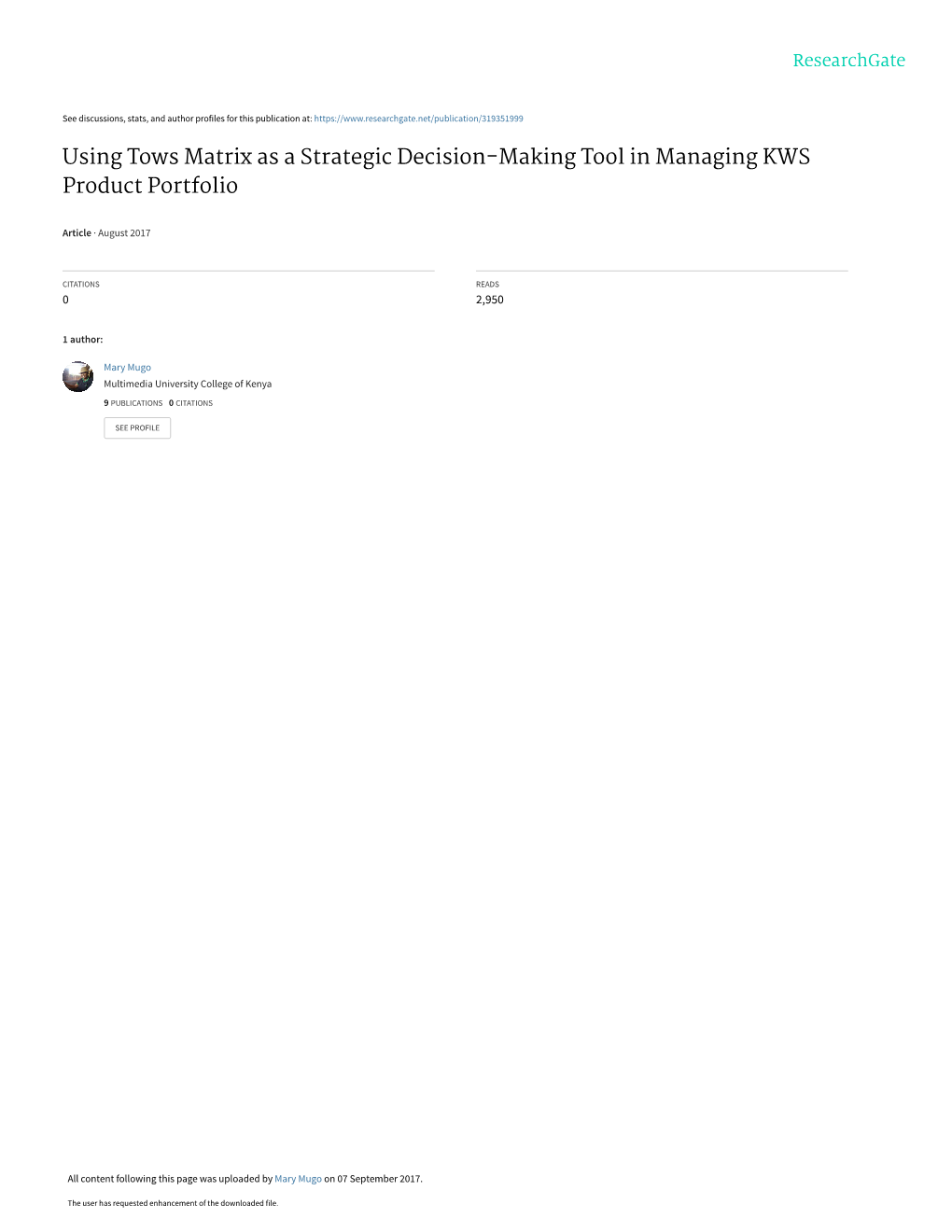 Using Tows Matrix As a Strategic Decision-Making Tool in Managing KWS Product Portfolio