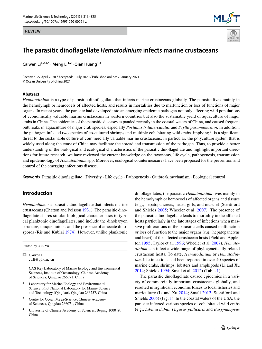 The Parasitic Dinoflagellate Hematodinium Infects Marine Crustaceans