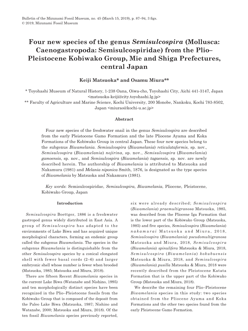 Four New Species of the Genus Semisulcospira