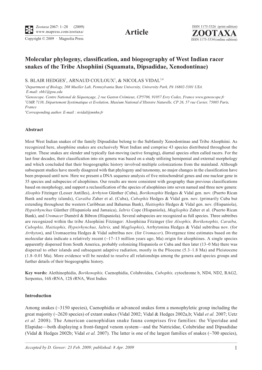 Zootaxa, Molecular Phylogeny, Classification, and Biogeography Of