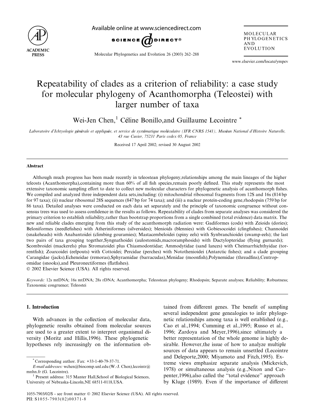 A Case Study for Molecular Phylogeny of Acanthomorpha (Teleostei) with Larger Number of Taxa