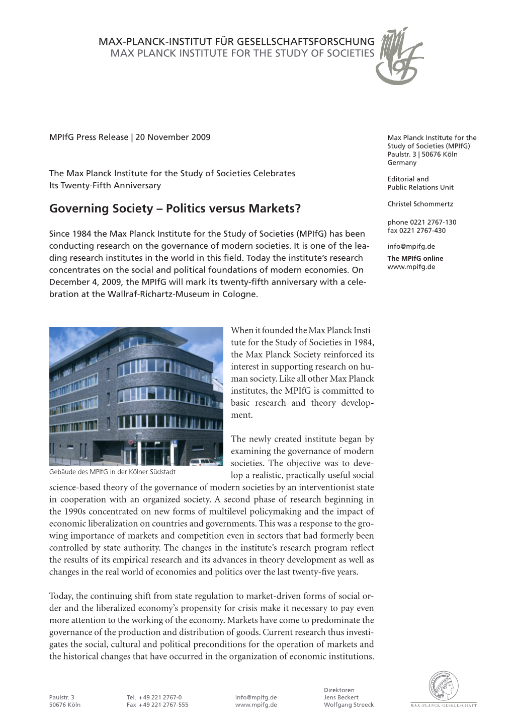 Governing Society – Politics Versus Markets?