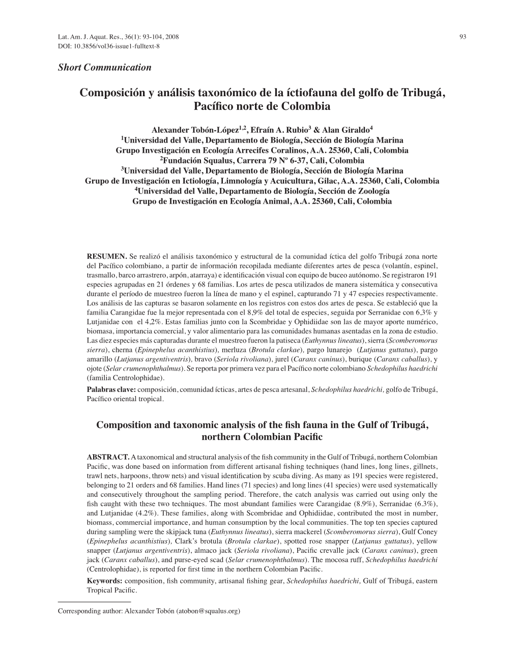 Composición Y Análisis Taxonómico De La Íctiofauna Del Golfo De Tribugá, Pacífico Norte De Colombia