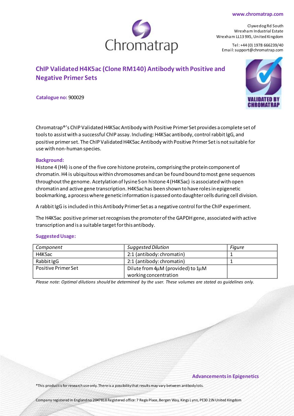 Chip Validated H4k5ac (Clone RM140) Antibody with Positive and Negative Primer Sets