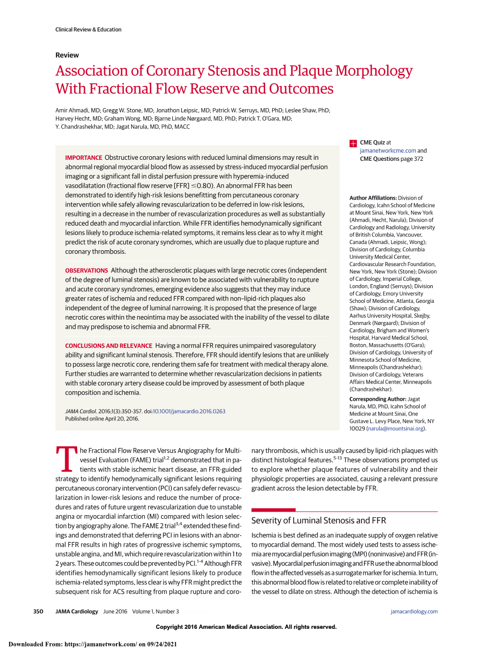 Association of Coronary Stenosis and Plaque Morphology with Fractional Flow Reserve and Outcomes