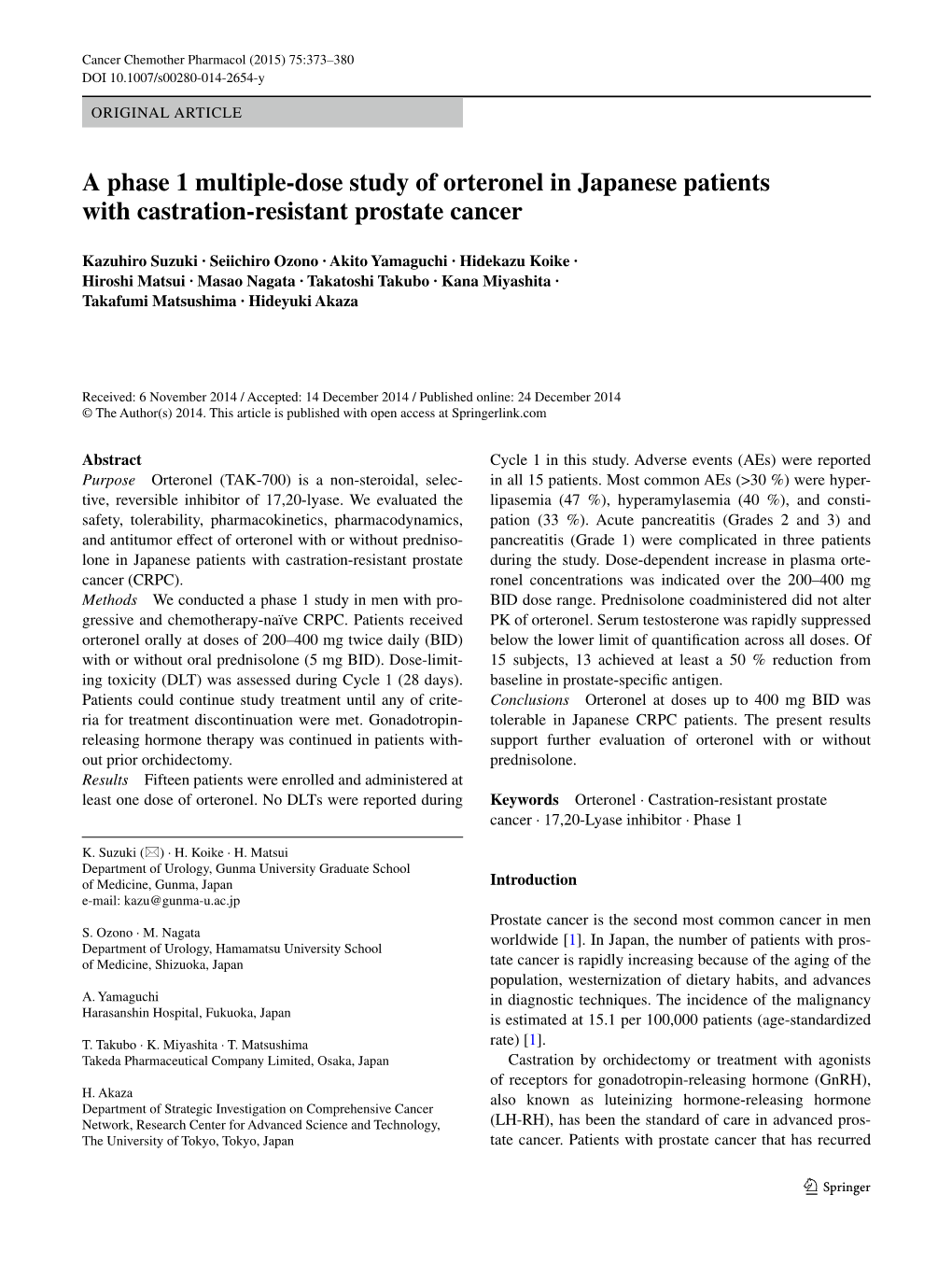 A Phase 1 Multiple-Dose Study of Orteronel in Japanese Patients with Castration-Resistant Prostate Cancer