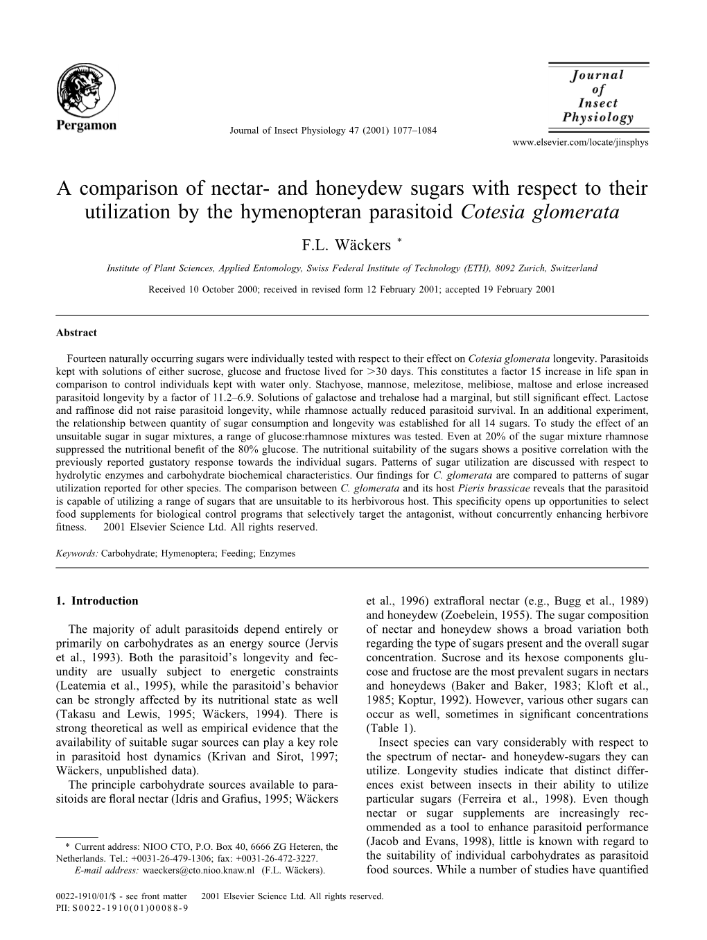 And Honeydew Sugars with Respect to Their Utilization by the Hymenopteran Parasitoid Cotesia Glomerata F.L