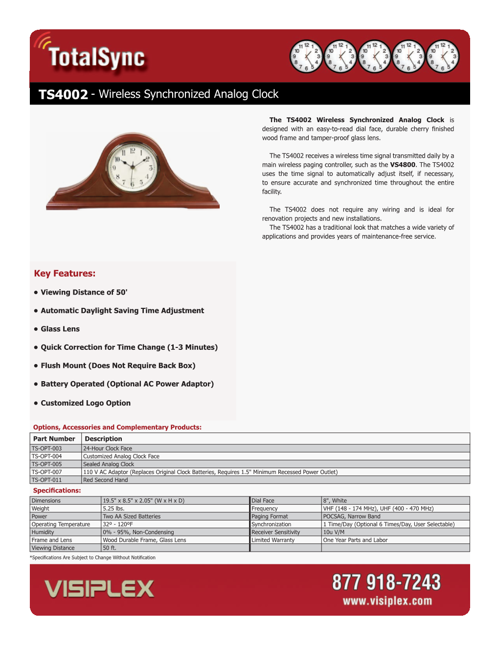 TS4002 Wireless Synchronized Analog Clock Is Designed with an Easy-To-Read Dial Face, Durable Cherry Finished Wood Frame and Tamper-Proof Glass Lens