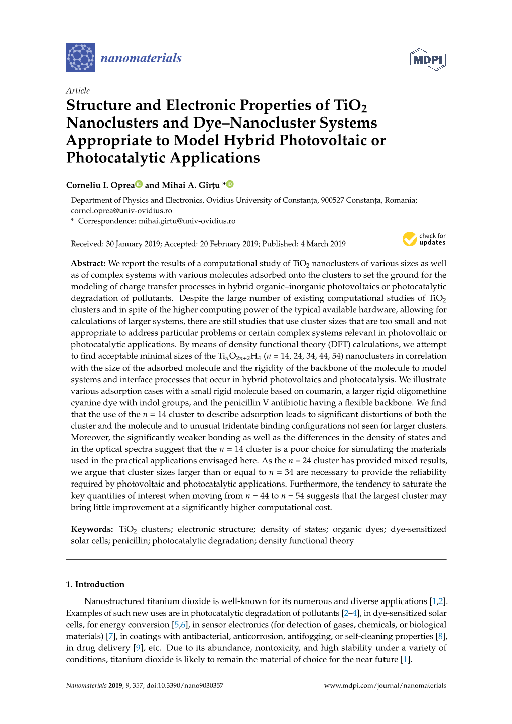 Structure and Electronic Properties of Tio2 Nanoclusters and Dye–Nanocluster Systems Appropriate to Model Hybrid Photovoltaic Or Photocatalytic Applications