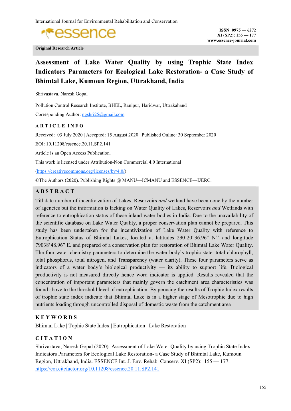 Assessment of Lake Water Quality by Using Trophic State Index Indicators