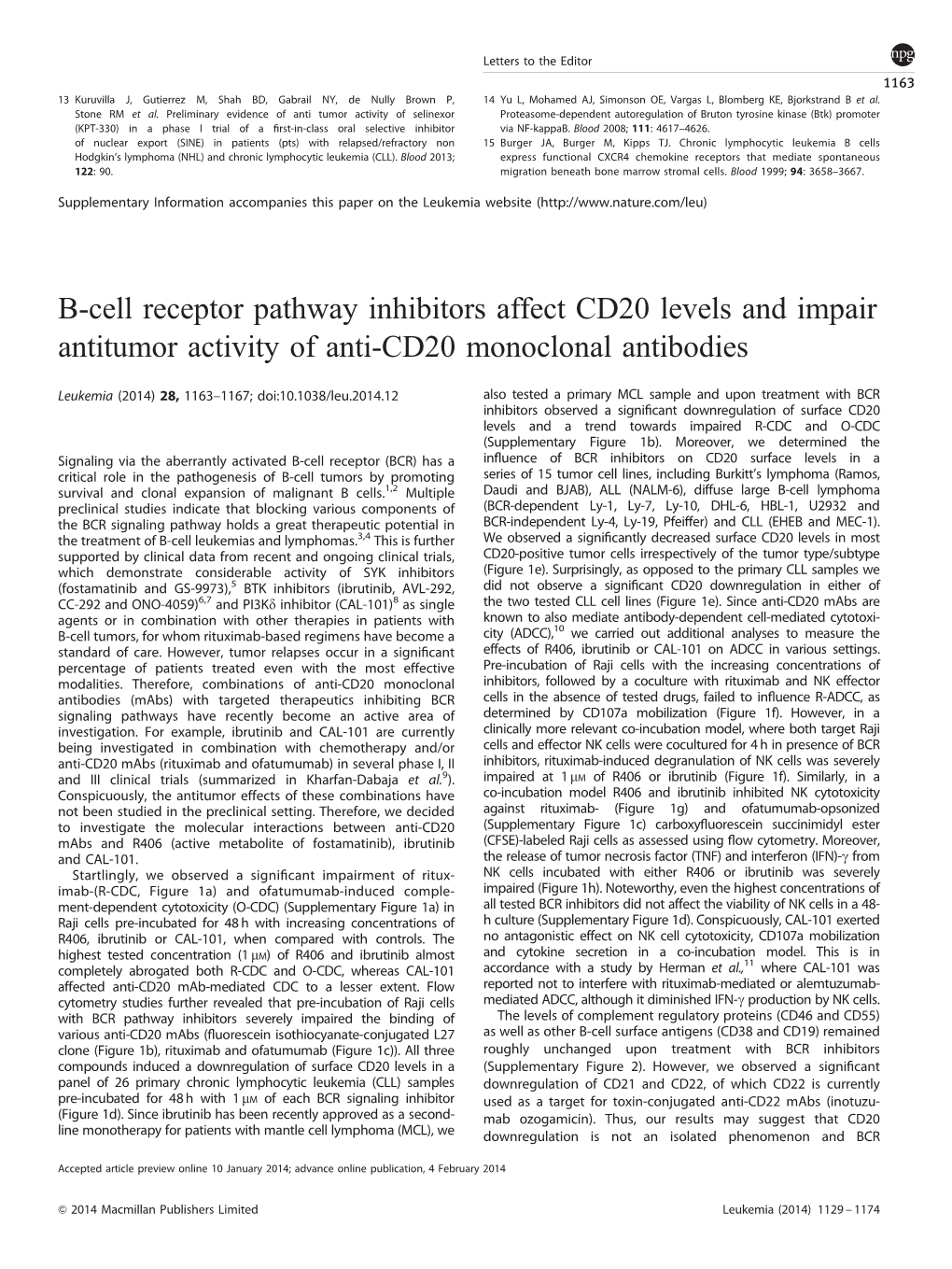 B-Cell Receptor Pathway Inhibitors Affect CD20 Levels and Impair Antitumor Activity of Anti-CD20 Monoclonal Antibodies