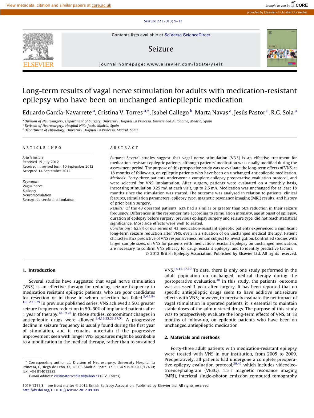 Long-Term Results of Vagal Nerve Stimulation for Adults with Medication-Resistant