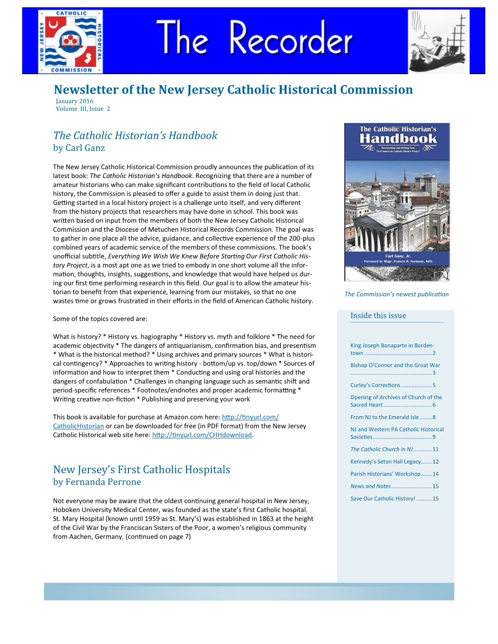 Newsletter of the New Jersey Catholic Historical Commission January 2016 Volume III, Issue 2