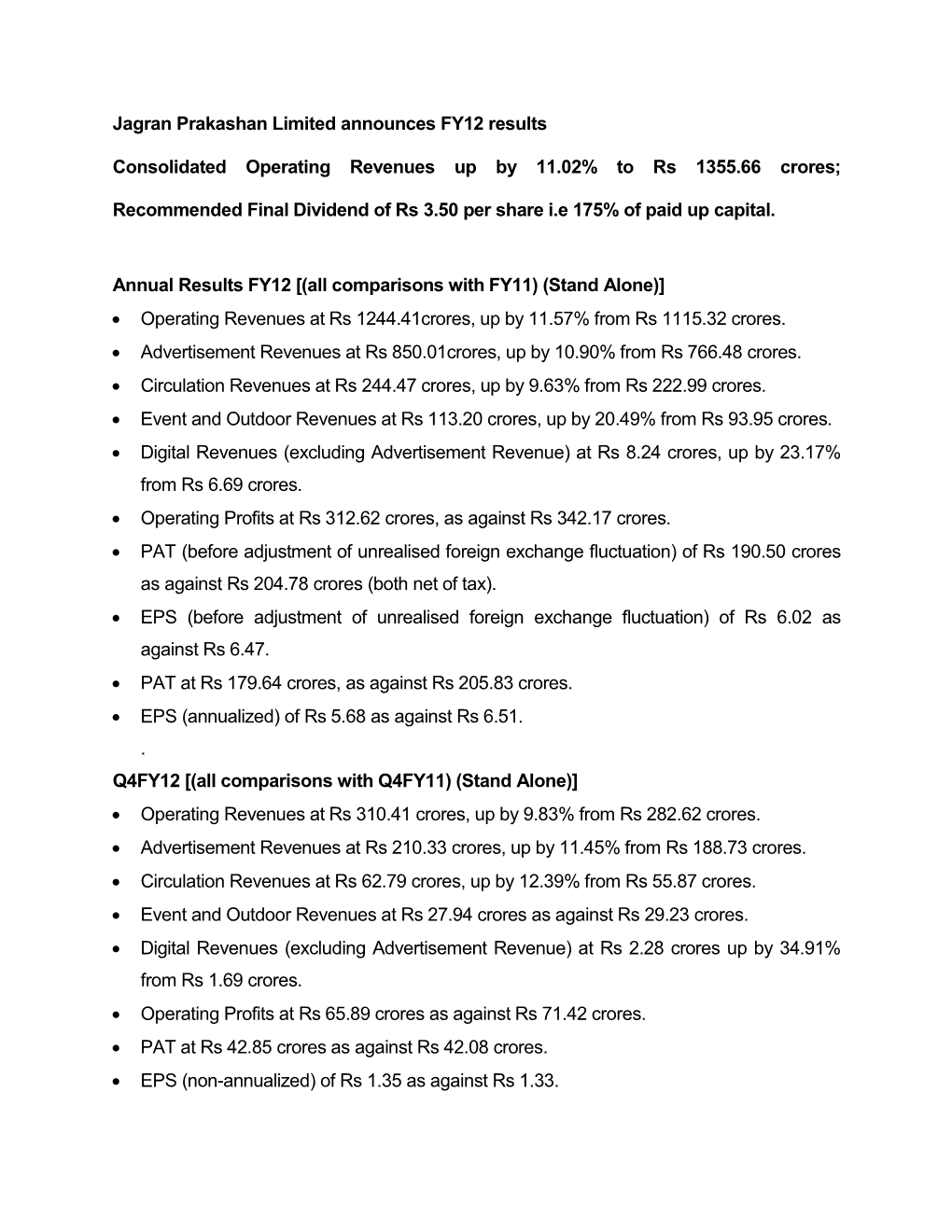 Jagran Prakashan Limited Announces Q4 FY12