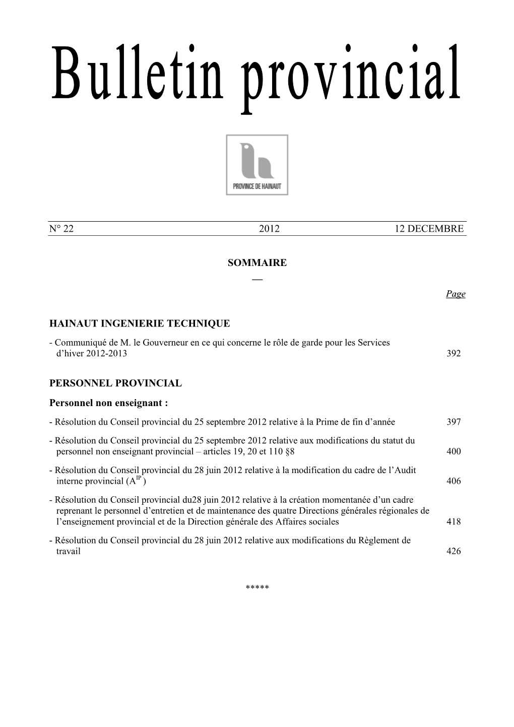 Bulletin Provincial N°22 De 2012