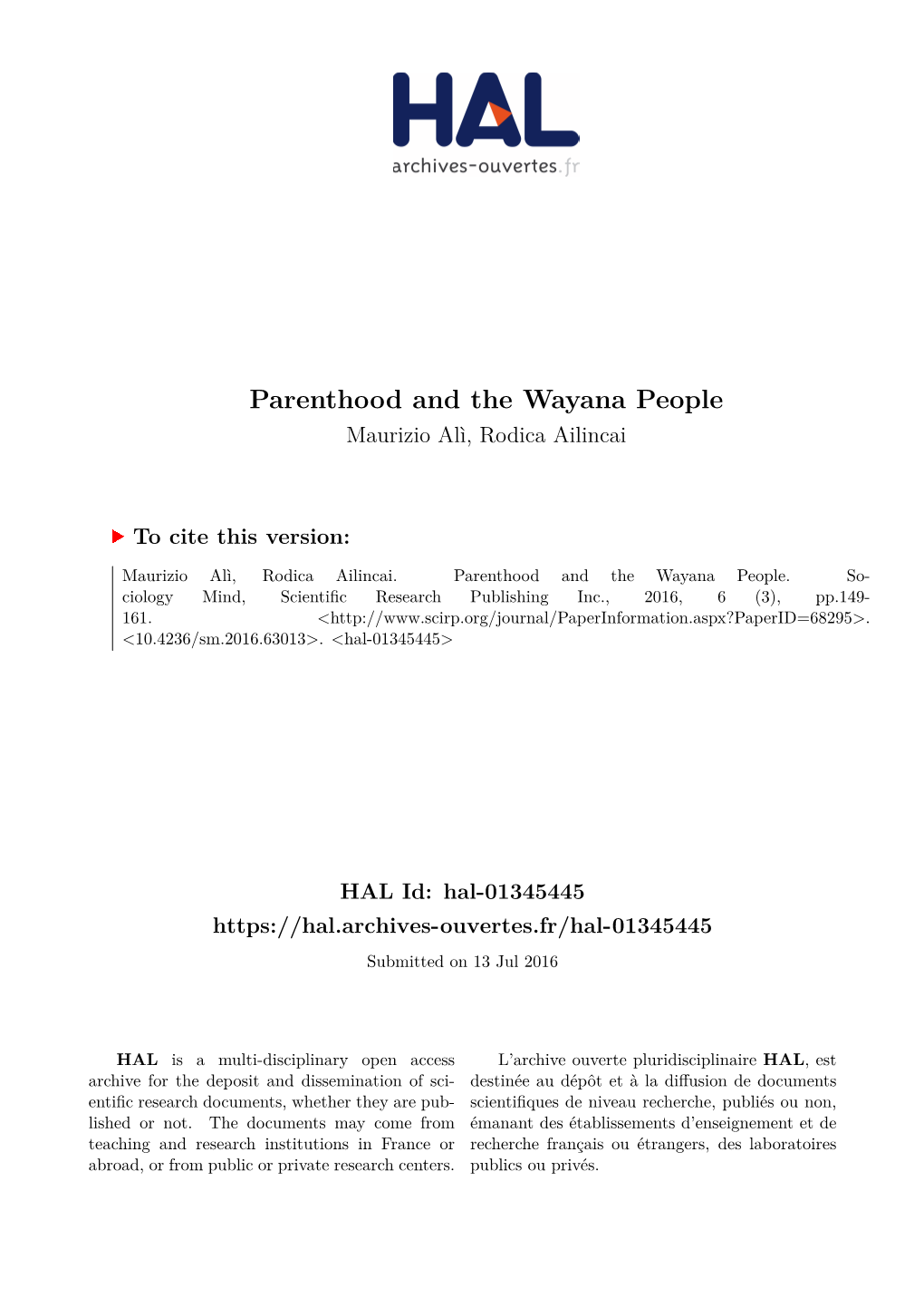 Parenthood and the Wayana People Maurizio Alì, Rodica Ailincai